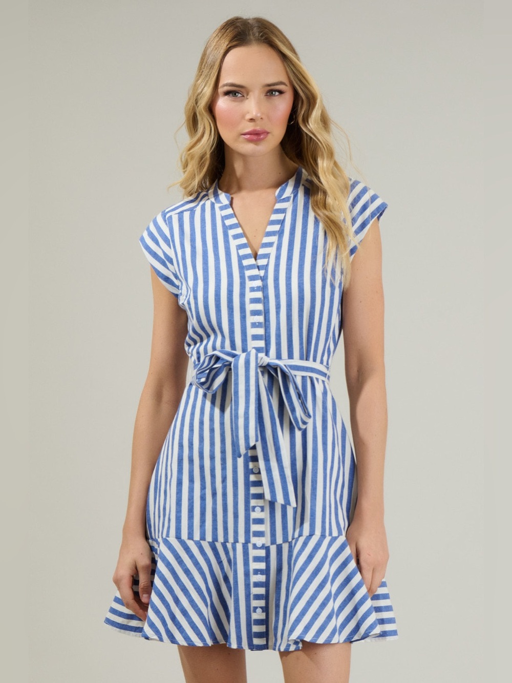 Sugarlips Navy & White Striped Midi Shirt Dress with Tie Waist